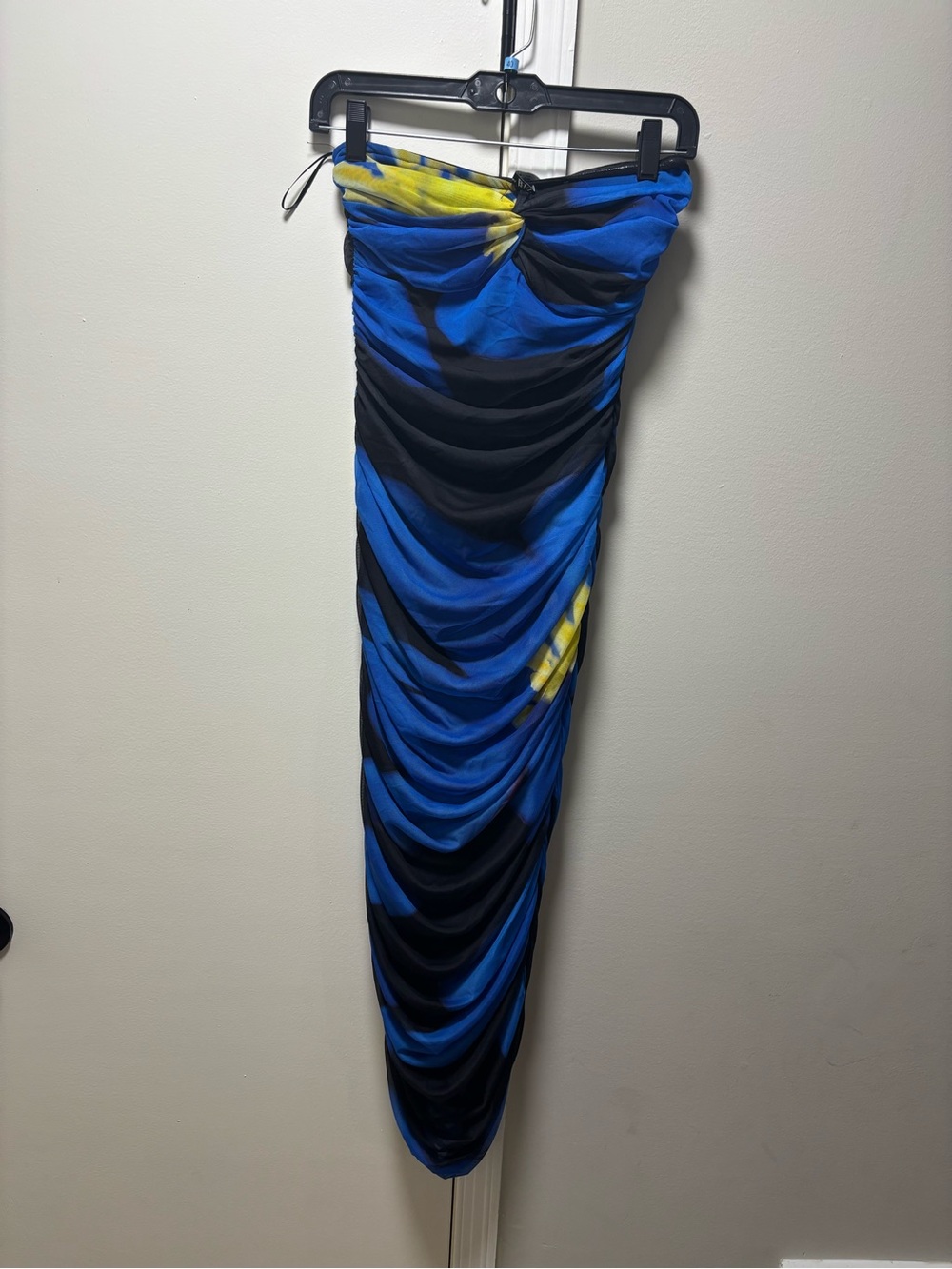 Zara Strapless Mesh Maxi Dress in Blue, Black & Yellow